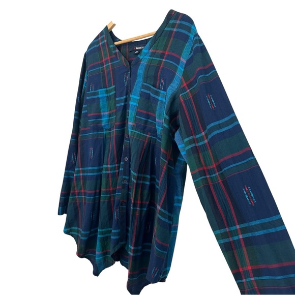 Women's 18 Wide Blue Green Plaid Casual Relaxed Cotton Button Up PLUS Blouse - Picture 3 of 4